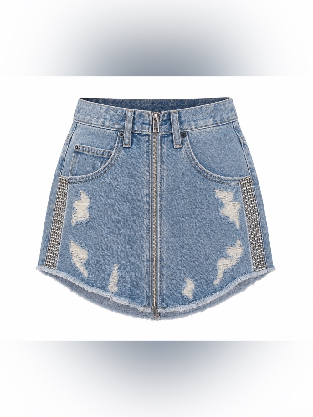 Carmar Beatrice Rhinestone Sides Zip Front Distressed Denim Mini Skirt Y2K Sz 24